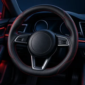 Crimson Stitch Steering Cover AI-generated design concept