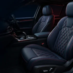 Midnight navy quilted seat-cover concept with crimson stitching